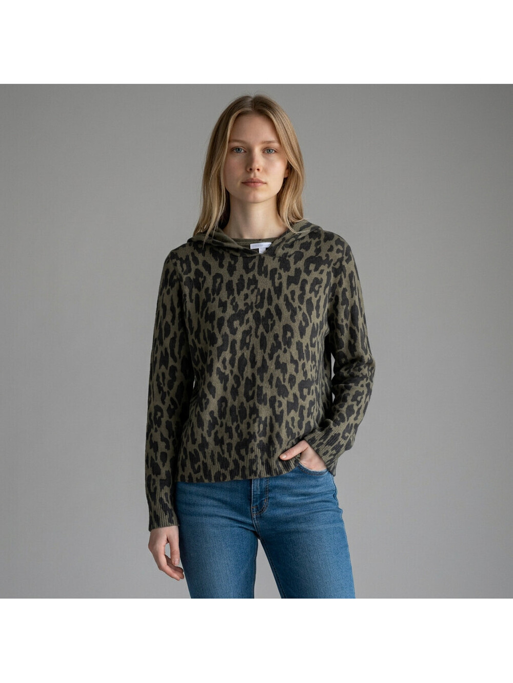 J. Jill Hoodie Women PL Petite Gray Animal Print Hooded Long Sleeve Cotton